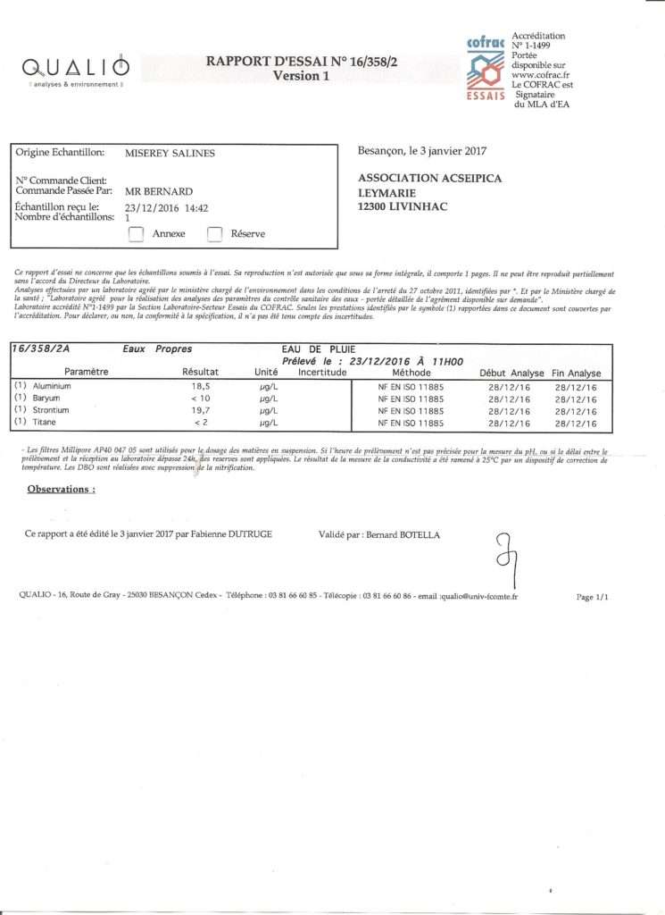 Analyses Eau de Pluie 12/2016 - Acseipica
