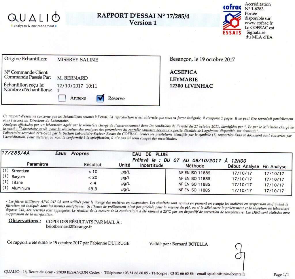 Analyses Eau de Pluie 10/2017 - Acseipica